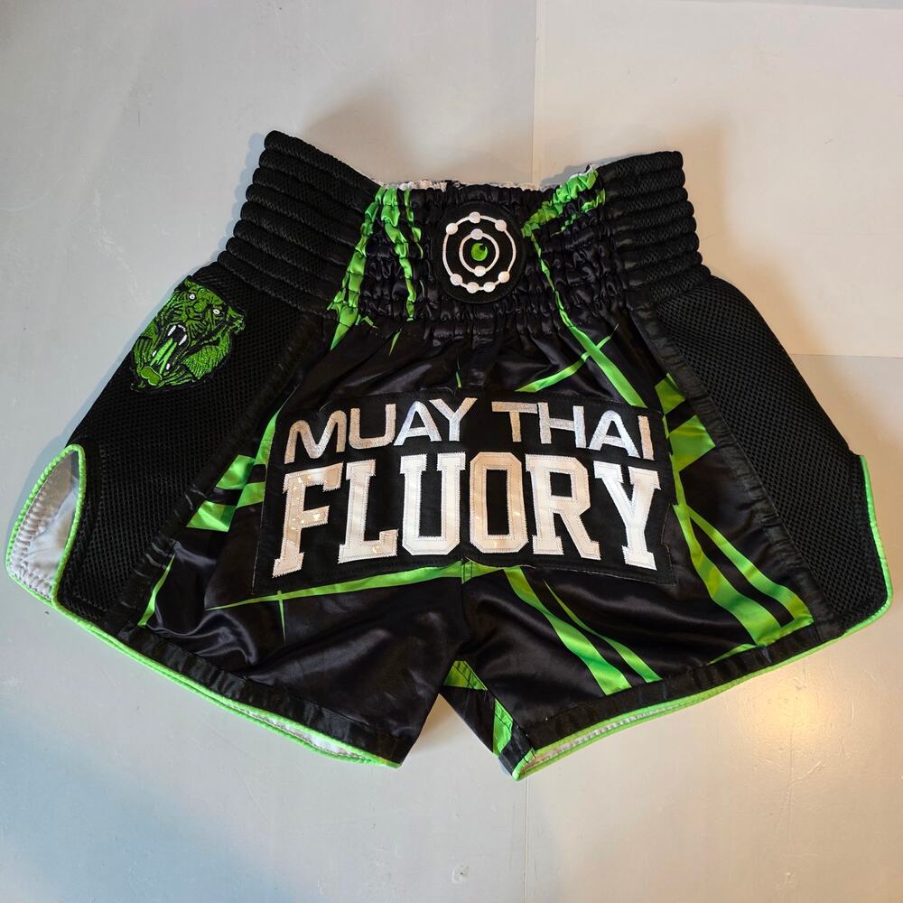 Fluory Muay Thai Shorts Black Green Tiger Patch MMA Kickboxing Combat Men's L